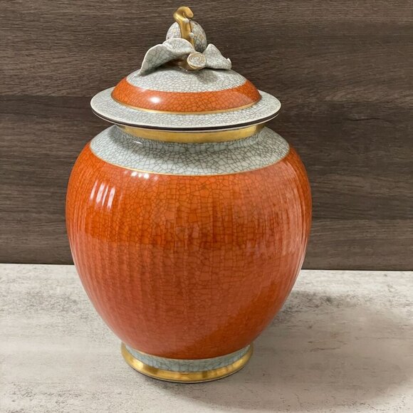 Vintage Royal Copenhagen 50s Orange Grey Craquele Crackle Vase Fruit Finial Lid - Picture 2 of 12